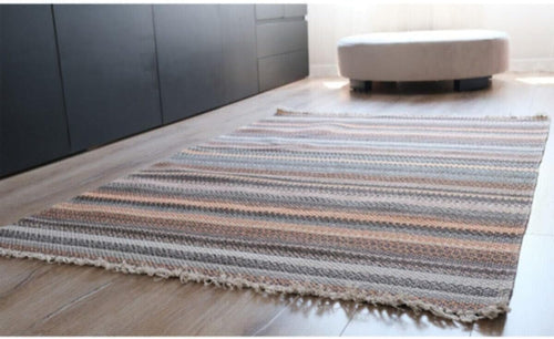 Area Rug Double Sided Fringed Brown Cotton Blend 49x49cm Modern Style Living Room Rug - Brown, 31x118 inch