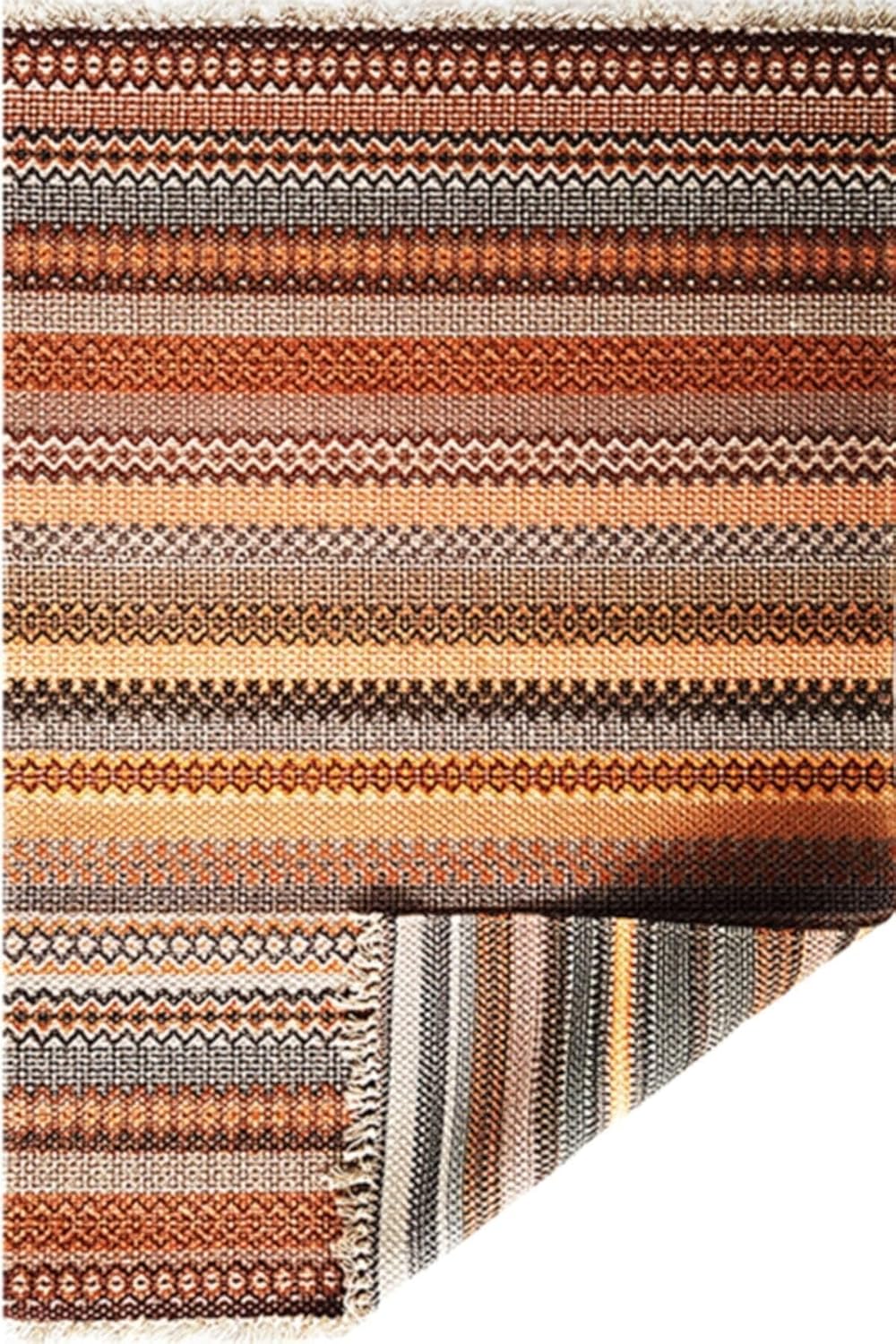 Area Rug Double Sided Fringed Brown Cotton Blend 49x49cm Modern Style Living Room Rug - Brown, 31x118 inch